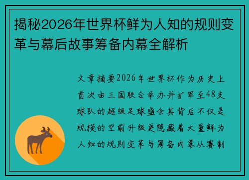 揭秘2026年世界杯鲜为人知的规则变革与幕后故事筹备内幕全解析 揭秘2026年世界杯鲜为人知的规则变革与幕后故事筹备内幕全解析